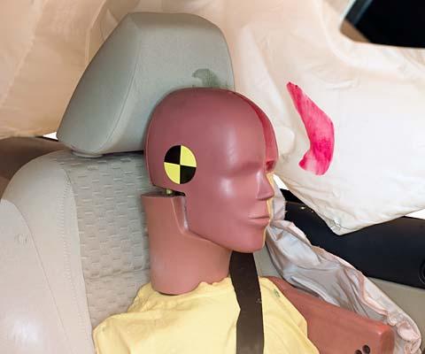 Smeared greasepaint shows where the driver dummy's head was protected from being hit by hard structures by the side curtain airbag