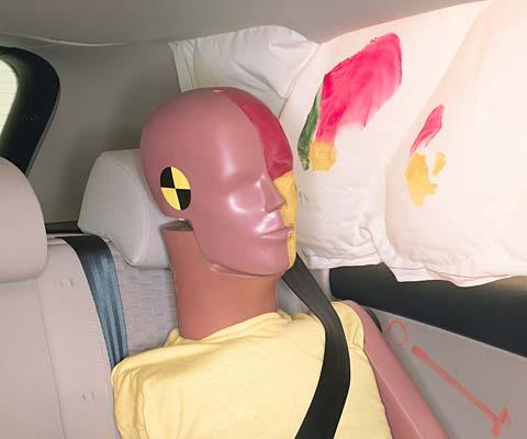 Smeared greasepaint shows where the rear passenger dummy’s head was protected by the side airbag